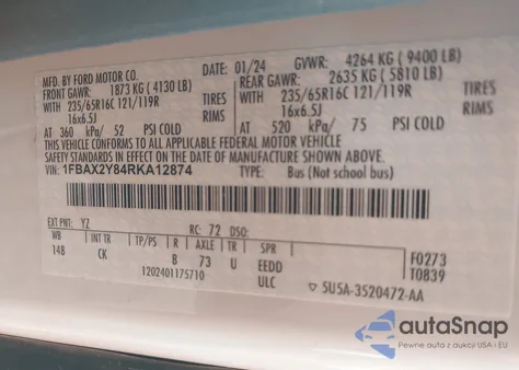 2024 Ford Transit-350 Passenger Van Xlt z USA, uszkodzony, nr VIN 1FBAX2Y84RKA12874